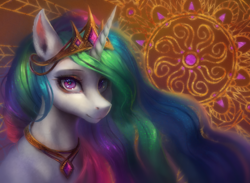 Size: 1232x902 | Tagged: safe, artist:orchidpony, character:princess celestia, species:alicorn, species:pony, beautiful, bust, crown, female, horn, jewelry, looking at you, mare, necklace, praise the sun, purple eyes, regalia, royalty, solo, tiara, white fur