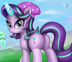 Size: 1280x1107 | Tagged: safe, alternate version, artist:celsian, character:starlight glimmer, species:pony, species:unicorn, beanie, clothing, cute, dessert, dock, drool, drool string, featureless crotch, female, food, glimmer glutes, glimmerbetes, glowing horn, hat, horn, ice cream, ice cream cone, levitation, looking at you, magic, mare, plot, ponified, saddle, sexy, solo, stupid sexy starlight glimmer, tack, telekinesis, that pony sure does love ice cream, tongue out