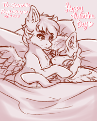 Size: 2400x3000 | Tagged: safe, artist:serenity, oc, oc only, oc:scratche aux, oc:serenity, species:pegasus, species:pony, bed, cuddling, female, holiday, in bed, love, male, monochrome, shipping, simple background, straight, valentine's day