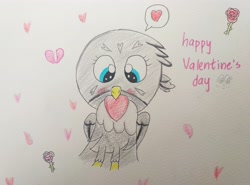 Size: 3990x2954 | Tagged: safe, artist:sumi-mlp25, character:gabby, species:bird, species:griffon, episode:hearts and hooves day, g4, my little pony: friendship is magic, blushing, female, flower, heart, heart background, holiday, looking at you, mouth hold, rose, rose petals, solo, spoken heart, text, traditional art, valentine's day