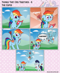 Size: 1600x1940 | Tagged: safe, artist:helmie-d, character:fleetfoot, character:rainbow dash, character:soarin', species:pegasus, species:pony, comic:things they did together, ship:soarindash, arrow, bow (weapon), bow and arrow, comic, cupid, cute, dashabetes, dialogue, female, fleetfoot the shipper, flying, holiday, laughing, looking at each other, male, mare, multicolored hair, shipper on deck, shipping, smiling, speech bubble, stallion, straight, suction cup, sunburst background, valentine's day, weapon