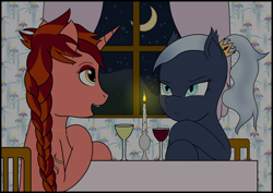 Size: 1754x1240 | Tagged: safe, artist:fimbulvinter, oc, oc only, oc:first drop, oc:ruby quartz, species:bat pony, alcohol, armlet, braid, candle, crescent moon, ear piercing, earring, holiday, jewelry, moon, necklace, night, piercing, valentine's day, wine