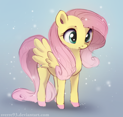 Size: 1024x972 | Tagged: safe, artist:sverre93, character:fluttershy, species:pegasus, species:pony, g4, :t, colored hooves, cute, female, gradient background, hnnng, hooves, mare, shyabetes, smiling, snow, snowfall, solo, spread wings, wings