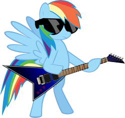 Size: 7134x6724 | Tagged: safe, artist:mysteriouskaos, character:rainbow dash, species:pegasus, species:pony, absurd resolution, bipedal, electric guitar, female, flying v, guitar, mare, simple background, solo, spread wings, sunglasses, transparent background, vector, wings
