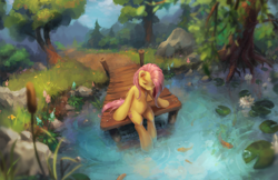 Size: 1980x1280 | Tagged: safe, artist:orchidpony, character:fluttershy, species:pegasus, species:pony, female, fish, forest, grass, lake, looking down, mare, pier, scenery, sitting, smiling, solo, tree, water, water lily
