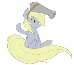 Size: 987x868 | Tagged: safe, artist:fribox, character:derpy hooves, species:pegasus, species:pony, cannon, cute, eyes closed, female, headcannon, headcanon, pun, simple background, smiling, solo, visual gag, white background