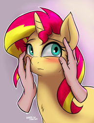 Size: 2000x2600 | Tagged: safe, artist:hardbrony, character:sunset shimmer, species:human, species:pony, species:unicorn, blushing, cheek fluff, cheek rub, chest fluff, cute, dawwww, disembodied hand, female, hand, human on pony petting, mare, petting, shimmerbetes, simple background, solo focus, touching face