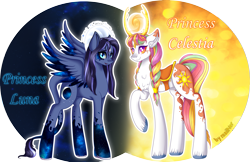 Size: 3153x2039 | Tagged: safe, artist:mailner, character:princess celestia, character:princess luna, species:pegasus, species:pony, antlers, braid, colored wings, colored wingtips, crystal, cute, cutelestia, duo, female, galaxy, horns, pegasus luna, race swap, raised hoof, redesign, royal sisters, saddle, simple background, sisters, starry wings, tack, transparent background, unshorn fetlocks, wings