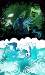 Size: 2975x4911 | Tagged: safe, artist:artist-apprentice587, character:queen chrysalis, oc, oc:papillon, species:changeling, species:flutter pony, changeling queen, crown, duality, flutter pony alicorn, jewelry, regalia, sitting, solo