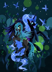 Size: 2550x3501 | Tagged: safe, artist:artist-apprentice587, character:nightmare moon, character:princess luna, character:queen chrysalis, species:alicorn, species:changeling, species:pony, abstract background, blep, butterfly, changeling queen, crown, cute, cutealis, duo, duo female, female, flying, frown, glare, high res, lidded eyes, looking at you, mare, missing accessory, moonabetes, nightmare mlem, open mouth, rearing, smiling, tongue out