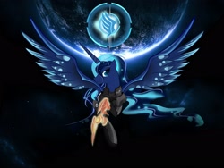 Size: 2570x1935 | Tagged: safe, artist:artist-apprentice587, character:princess luna, species:alicorn, species:pony, armor, crossover, female, mare, mass effect, n7, n7 armor, omni-blade, omni-tool, paragon, solo, spread wings, wings