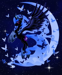 Size: 2904x3501 | Tagged: safe, artist:artist-apprentice587, character:nightmare moon, character:princess luna, species:alicorn, species:pony, blushing, butterfly, crescent moon, cute, eyes closed, female, flying, high res, mare, moon, moonabetes, rearing, solo, space, stars