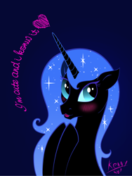 Size: 1606x2138 | Tagged: safe, artist:artist-apprentice587, character:nightmare moon, character:princess luna, species:alicorn, species:pony, :3, blue background, blushing, cute, female, mare, missing accessory, moonabetes, nicemare moon, simple background, solo, wingless