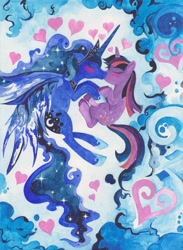 Size: 2550x3490 | Tagged: safe, artist:artist-apprentice587, character:princess luna, character:twilight sparkle, species:alicorn, species:pony, species:unicorn, ship:twiluna, abstract background, female, heart, high res, lesbian, mare, shipping, traditional art, watercolor painting