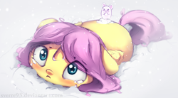 Size: 1600x883 | Tagged: safe, artist:sverre93, character:fluttershy, species:pegasus, species:pony, blushing, cute, female, floppy ears, looking up, mare, mouse, shyabetes, snow, wings