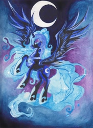 Size: 2550x3501 | Tagged: safe, artist:artist-apprentice587, character:nightmare moon, character:princess luna, species:alicorn, species:pony, crescent moon, female, high res, mare, moon, rearing, solo, spread wings, traditional art, watercolor painting, wings