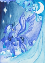 Size: 1652x2298 | Tagged: safe, artist:artist-apprentice587, character:princess luna, species:alicorn, species:pony, crescent moon, female, looking back, mare, raised hoof, solo, traditional art, watercolor painting