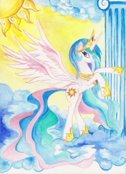 Size: 1665x2304 | Tagged: safe, artist:artist-apprentice587, character:princess celestia, species:alicorn, species:pony, cloud, column, female, mare, rearing, solo, sun, traditional art, watercolor painting