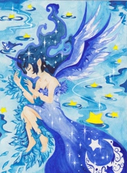 Size: 2490x3376 | Tagged: safe, artist:artist-apprentice587, character:princess luna, species:human, barefoot, clothing, dress, elf ears, eyes closed, feet, female, high res, horned humanization, humanized, on side, solo, stars, traditional art, winged humanization, wings
