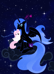 Size: 2550x3501 | Tagged: safe, artist:artist-apprentice587, character:nightmare moon, character:princess celestia, character:princess luna, species:alicorn, species:pony, :3, annoyed, cewestia, cloud, dialogue, duo, female, filly, frown, glare, heart, high res, mare, missing accessory, mouth hold, night, nom, pink-mane celestia, raised hoof, sisters, sitting, smiling, spread wings, stars, wings, younger