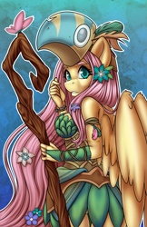 Size: 1155x1785 | Tagged: safe, artist:bumblebun, part of a set, character:fluttershy, species:anthro, species:pegasus, episode:a health of information, g4, my little pony: friendship is magic, blue background, butterfly, druid, fantasy class, female, flower, flower in hair, flutterdruid, healer's mask, hope, leaf clothing, looking at you, looking back, looking over shoulder, mare, mask, simple background, solo, staff, watermark