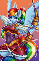 Size: 924x1428 | Tagged: safe, artist:bumblebun, part of a set, character:rainbow dash, species:anthro, species:pegasus, g4, alternate hairstyle, archer, archer dash, arrow, bow (weapon), bow and arrow, clothing, colored eyebrows, colored pupils, eyebrows, fantasy class, female, gradient background, mare, multicolored hair, ponytail, rainbow dash always dresses in style, smiling, solo, three quarter view, watermark, weapon