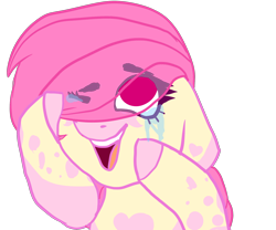 Size: 1800x1500 | Tagged: safe, artist:sodadoodle, oc, oc only, oc:pinkie lemonade, species:pony, colored, covering face, crying, eyebrows, female, hooves on face, laughing, mare, one eye closed, pattern, pink hair, reaction, reaction image, simple background, solo, tears of joy, tears of laughter, transparent background, unshorn fetlocks