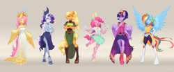 Size: 3804x1577 | Tagged: safe, artist:orchidpony, character:applejack, character:fluttershy, character:pinkie pie, character:rainbow dash, character:rarity, character:twilight sparkle, character:twilight sparkle (alicorn), species:alicorn, species:anthro, species:bird, species:earth pony, species:pegasus, species:pony, species:unguligrade anthro, species:unicorn, alternate hairstyle, applejack is not amused, arm behind back, belly button, belly fluff, boots, clothing, crossed arms, crown, cute, diapinkes, dress, eyes closed, featured on derpibooru, female, gloves, gradient background, jewelry, line-up, mane six, mare, regalia, shoes, shyabetes, side slit, size comparison, smiling, unamused