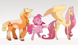 Size: 1280x753 | Tagged: safe, artist:sutexii, character:applejack, character:fluttershy, character:pinkie pie, species:earth pony, species:pegasus, species:pony, butt fluff, colored hooves, crossed hooves, cutie mark, female, gradient background, gray background, grin, modelshy, painted hooves, piebald colouring, pinto, rearing, simple background, smiling, spread wings, trio, wings