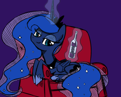 Size: 1000x800 | Tagged: safe, artist:darkponysoul, artist:sunyup, character:princess luna, bedroom eyes, bottle, colored, couch, drink, female, prone, solo
