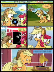 Size: 1420x1910 | Tagged: safe, artist:epulson, character:apple bloom, character:applejack, comic, record, record player