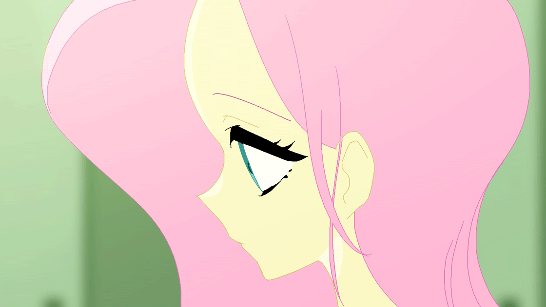 Size: 1120x630 | Tagged: safe, artist:yam, character:fluttershy, species:human, my little pony:equestria girls, animated, blurred background, blushing, brushing hair behind ear, bust, cute, female, frame by frame, head only, head turn, portrait, shyabetes, smiling, solo