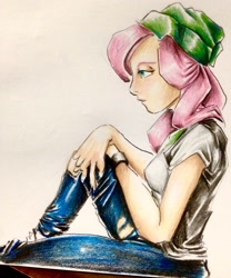 Size: 2326x2795 | Tagged: safe, artist:nolyanimeid, character:fluttershy, my little pony:equestria girls, beanie, clothes swap, clothing, female, hat, implied starlight glimmer, pants, sitting, torn clothes