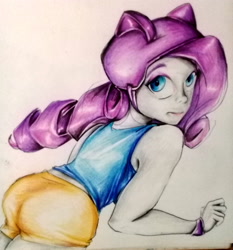 Size: 2376x2550 | Tagged: safe, artist:nolyanimeid, character:rarity, equestria girls:friendship games, g4, my little pony: equestria girls, my little pony:equestria girls, ass, clothing, female, helmet, rearity, scene interpretation, simple background, solo, traditional art, white background