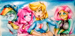 Size: 3255x1565 | Tagged: safe, artist:nolyanimeid, character:applejack, character:fluttershy, character:pinkie pie, character:rainbow dash, equestria girls:forgotten friendship, g4, my little pony: equestria girls, my little pony:equestria girls, board shorts, clothing, implied sunset shimmer, offscreen character, scene interpretation, swimsuit, traditional art