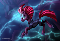 Size: 800x541 | Tagged: dead source, safe, artist:arcadianphoenix, character:tempest shadow, species:pony, species:unicorn, my little pony: the movie (2017), armor, broken horn, eye scar, female, horn, lightning, looking at you, magic, mare, scar, solo, sparking horn