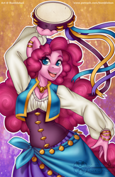 Size: 990x1530 | Tagged: safe, artist:bumblebun, part of a set, character:pinkie pie, species:anthro, bard, bard pie, clothing, fantasy class, female, gypsy bard, gypsy pie, jewelry, musical instrument, necklace, open mouth, regalia, solo, tambourine