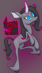 Size: 750x1305 | Tagged: safe, artist:soctavia, community related, character:fhtng th§ ¿nsp§kbl, character:oleander, species:classical unicorn, species:pony, species:unicorn, them's fightin' herds, book, cloven hooves, colored hooves, curved horn, female, glowing horn, leonine tail, levitation, magic, raised hoof, simple background, solo, telekinesis, unicornomicon, unshorn fetlocks