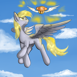 Size: 1000x1000 | Tagged: safe, artist:ruanshi, character:derpy hooves, species:pegasus, species:pony, female, flying, food, muffin, sky, solo