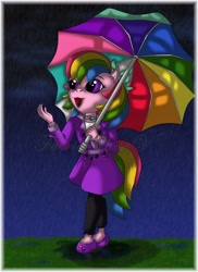 Size: 5100x7019 | Tagged: safe, artist:faerie-starv, character:parasol (g1), species:anthro, species:earth pony, species:pony, species:unguligrade anthro, g1, absurd resolution, female, rain, umbrella