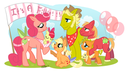 Size: 900x540 | Tagged: safe, artist:ellisarts, character:apple bloom, character:applejack, character:big mcintosh, oc, species:earth pony, species:pony, applejack's parents, baby, balloon, male, stallion, tail bow, younger