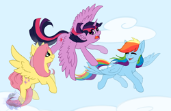 Size: 2000x1300 | Tagged: safe, artist:flysouldragon, character:fluttershy, character:rainbow dash, character:twilight sparkle, character:twilight sparkle (alicorn), species:alicorn, species:pegasus, species:pony, cloud, female, first flight, flying, flying lesson, horn, mare, sky, spread wings, wings