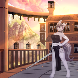 Size: 4000x4000 | Tagged: safe, alternate version, artist:nording34, rcf community, oc, oc only, oc:rainbow crash, species:anthro, species:pony, species:unguligrade anthro, species:unicorn, anthro oc, breasts, clothing, cloud, dress, evening gloves, female, garters, gloves, hand, lamp, long gloves, looking at you, mare, mountain, side slit, solo, stockings, sunset, sword, thigh highs, weapon, ych result