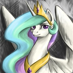 Size: 1000x1000 | Tagged: safe, artist:valkyrie-girl, character:princess celestia, species:alicorn, species:pony, abstract background, female, mare, smiling, solo