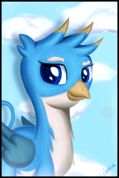 Size: 2000x3000 | Tagged: safe, artist:theunconsistentone, character:gallus, species:griffon, episode:school daze, g4, my little pony: friendship is magic, season 8, blue background, cloud, cute, gallabetes, looking at you, male, simple background, sky, smiling, solo, tail, wings