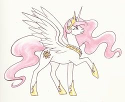 Size: 2040x1664 | Tagged: safe, artist:valkyrie-girl, character:princess celestia, species:alicorn, species:pony, female, mare, pink hair, pink-mane celestia, raised hoof, simple background, solo, traditional art, white background