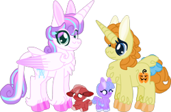 Size: 1966x1285 | Tagged: safe, artist:casanova-mew, character:princess flurry heart, character:pumpkin cake, oc, oc:lavender, oc:rose mary, parent:princess flurry heart, parent:pumpkin cake, parents:pumpkin heart, species:alicorn, species:earth pony, species:pegasus, species:pony, species:unicorn, ship:pumpkinheart, baby, baby pony, chest fluff, female, floppy ears, lesbian, magical lesbian spawn, mare, offspring, older, shipping, simple background, smiling, transparent background, two toned mane, unshorn fetlocks