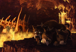 Size: 1680x1149 | Tagged: safe, artist:cannibalus, annoyed, ball, cavern, cerberus, cerberus (character), darkness, happy, hell, lava, multiple heads, panting, solo, tartarus, three heads, tongue out