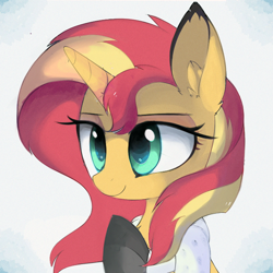 Size: 688x688 | Tagged: safe, artist:aureai, character:sunset shimmer, species:pony, species:unicorn, chest fluff, clothing, ear fluff, female, happy, lidded eyes, mare, raised hoof, scarf, smiling, socks, solo