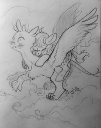 Size: 1009x1280 | Tagged: safe, artist:theorderofalisikus, character:gallus, character:sandbar, species:earth pony, species:griffon, species:pony, ship:gallbar, episode:school daze, g4, my little pony: friendship is magic, black and white, gay, glomp, grayscale, interspecies, male, monochrome, shipping, surprised, traditional art